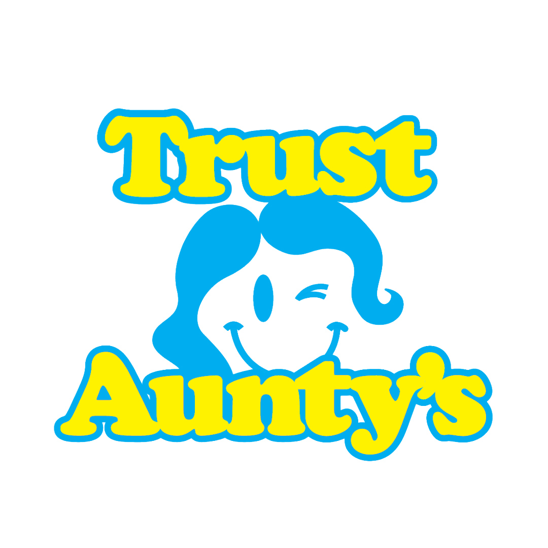 Trust Aunty's Smiley Face Sticker Yellow Blue Text